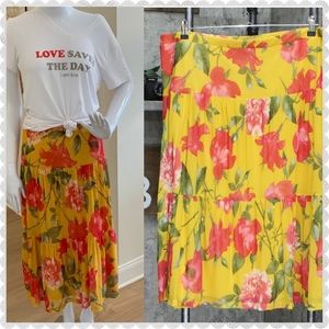 NEW Nina Leonard  mesh skirt mustard yellow background cherry red floral